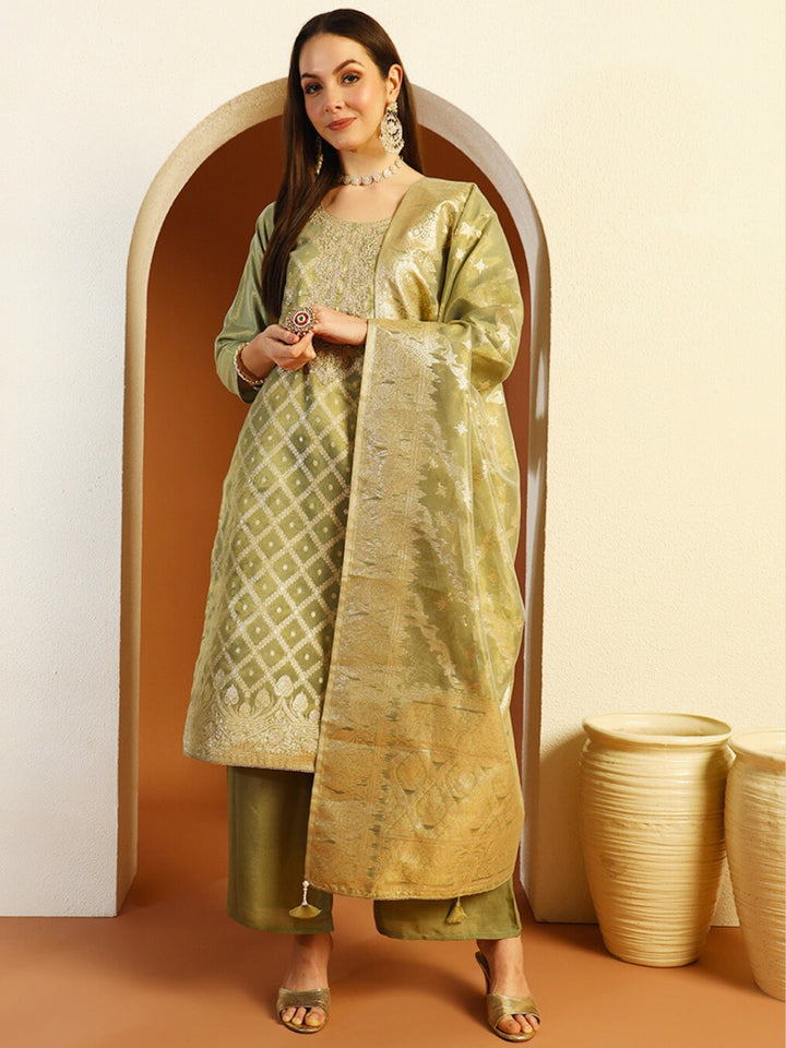 Zari Woven Sequinned Straight Suit with Zardozi Embroidery & Tasseled Chanderi Dupatta