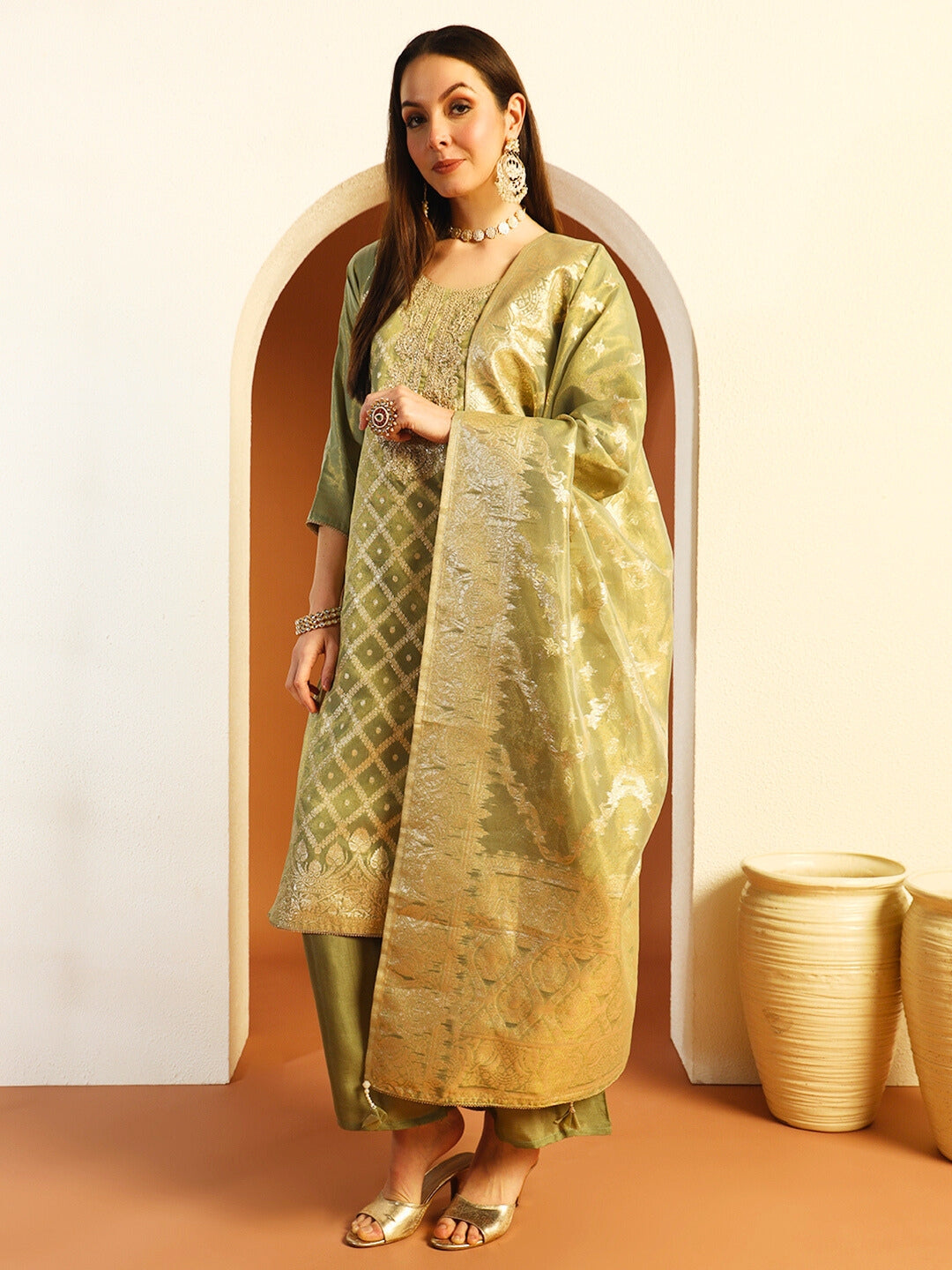 Zari Woven Sequinned Straight Suit with Zardozi Embroidery & Tasseled Chanderi Dupatta