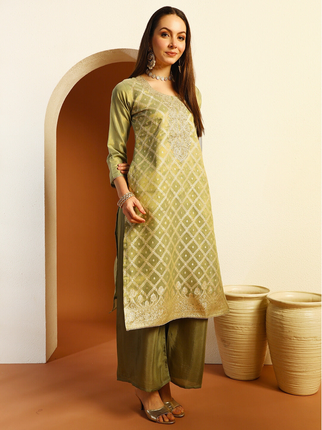 Zari Woven Sequinned Straight Suit with Zardozi Embroidery & Tasseled Chanderi Dupatta