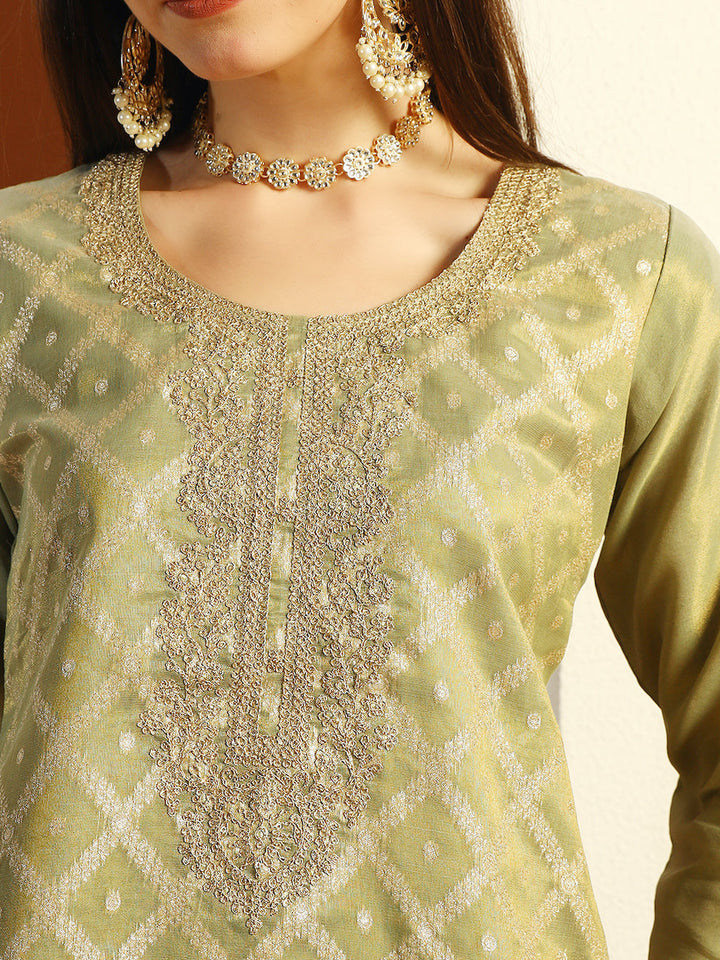 Zari Woven Sequinned Straight Suit with Zardozi Embroidery & Tasseled Chanderi Dupatta