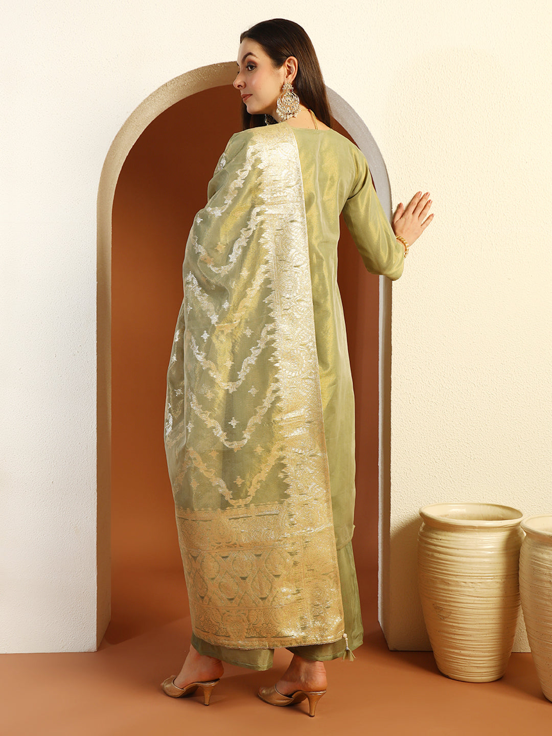 Zari Woven Sequinned Straight Suit with Zardozi Embroidery & Tasseled Chanderi Dupatta