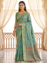 Sea Green Floral Woven Silk Saree with Golden Zari Border
