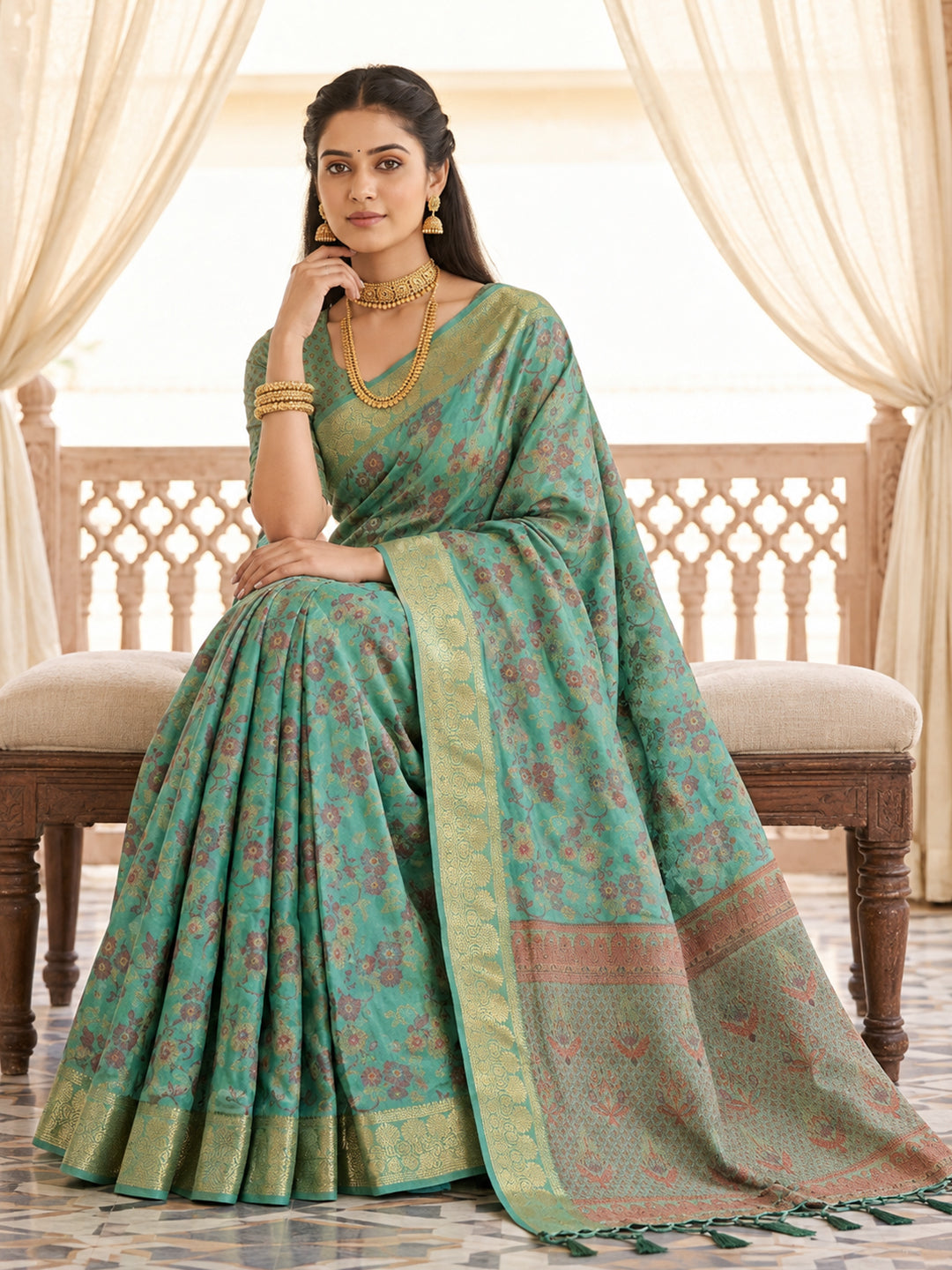 Sea Green Floral Woven Silk Saree with Golden Zari Border