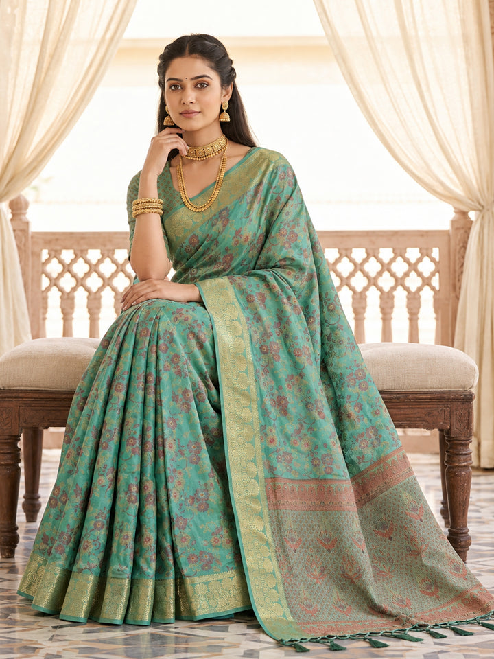 Sea Green Floral Woven Silk Saree with Golden Zari Border