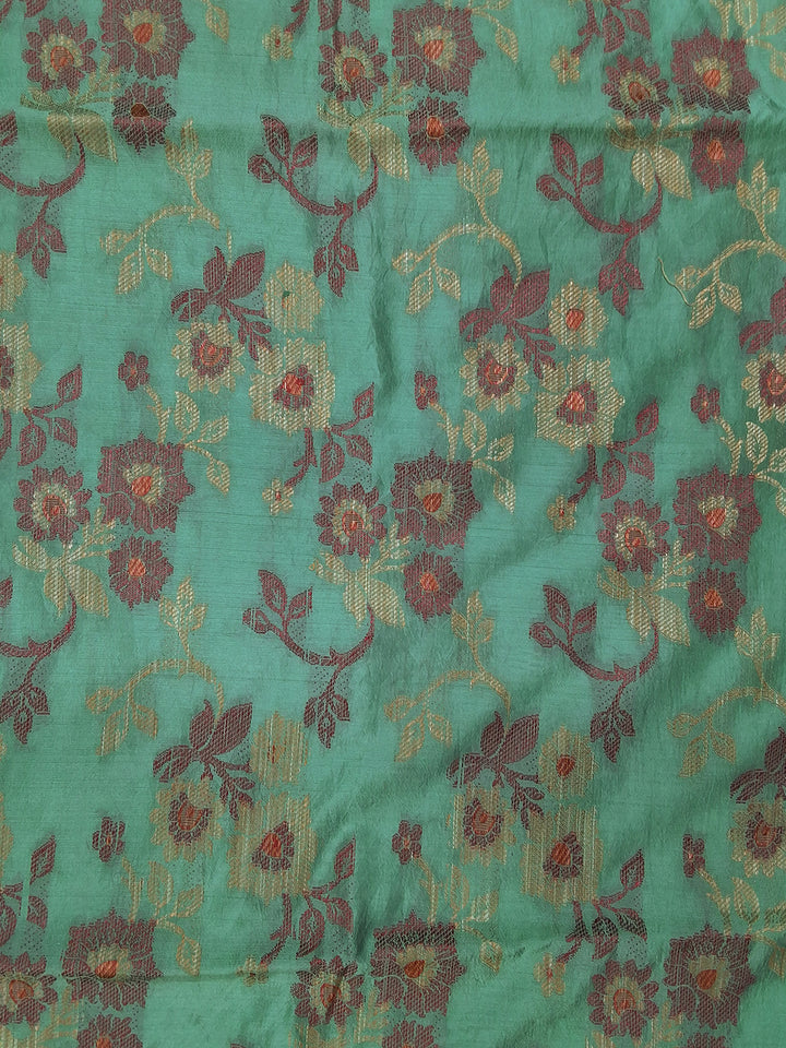 Sea Green Floral Woven Silk Saree with Golden Zari Border