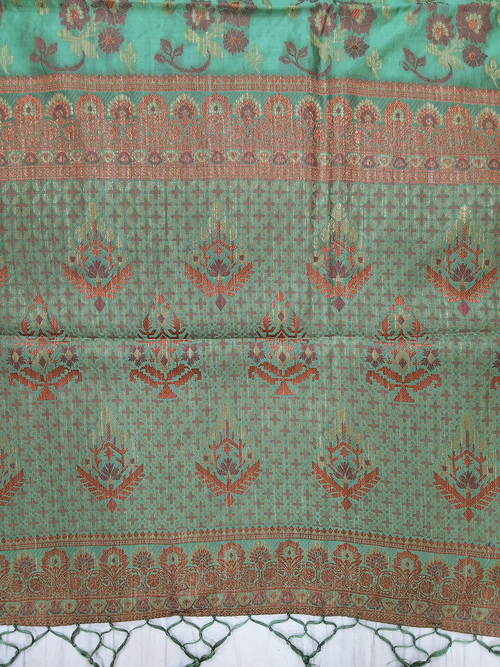 Sea Green Floral Woven Silk Saree with Golden Zari Border