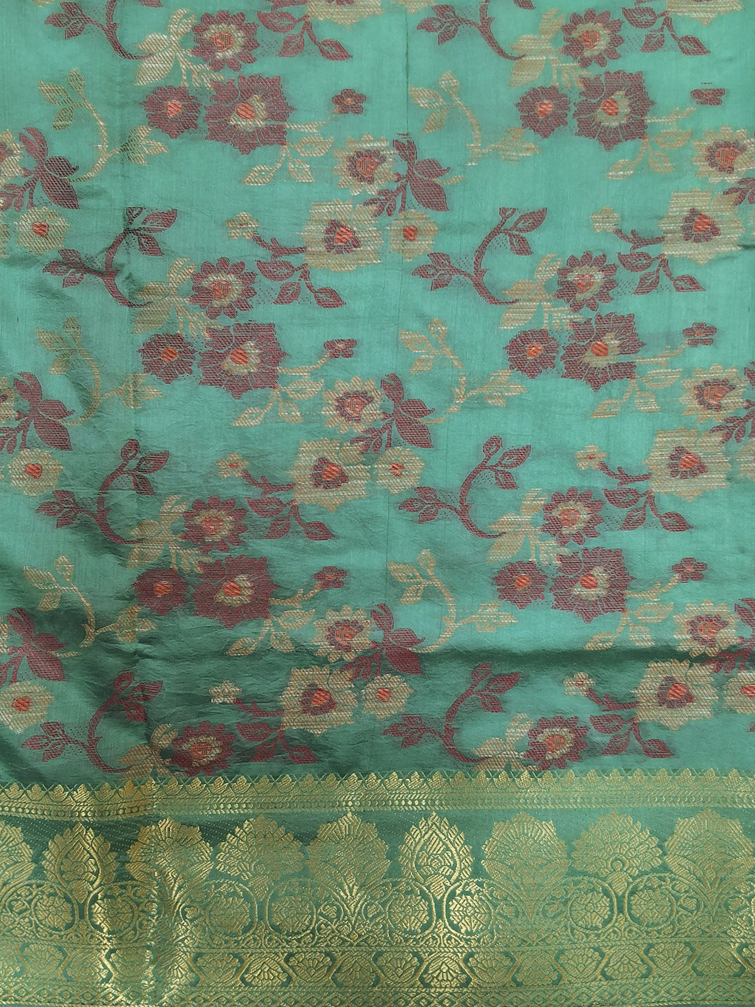 Sea Green Floral Woven Silk Saree with Golden Zari Border