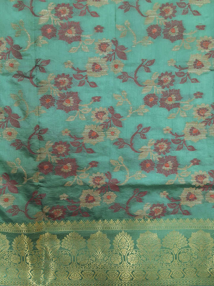 Sea Green Floral Woven Silk Saree with Golden Zari Border