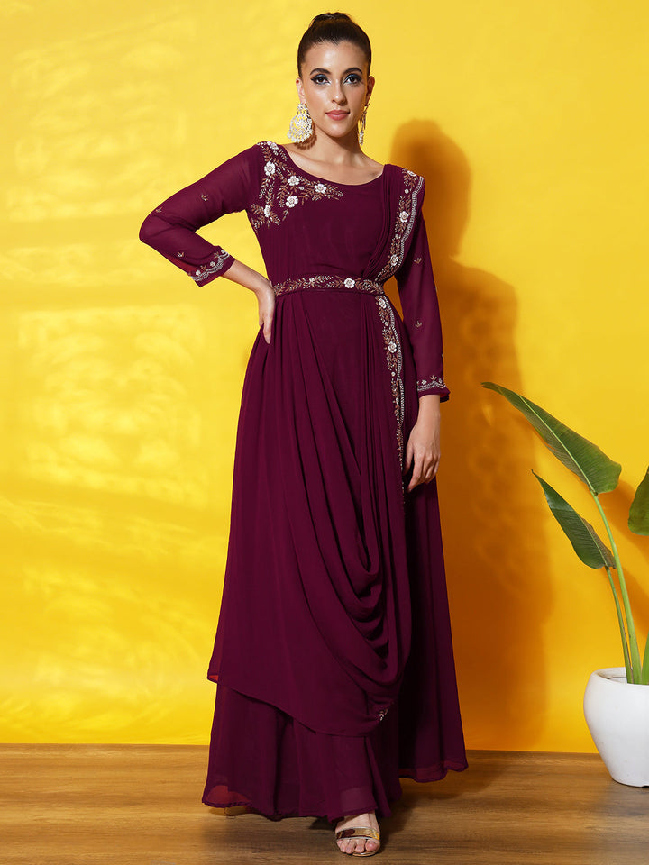 Pre Draped Saree Style Dress with Attached dupatta & Belt