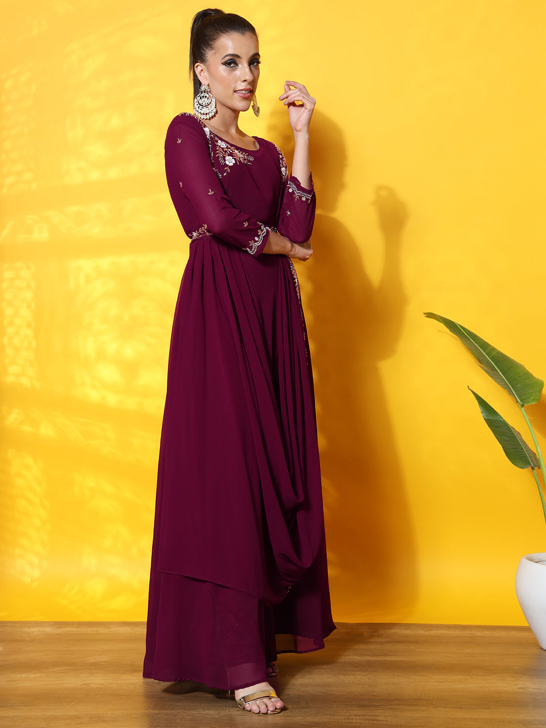 Pre Draped Saree Style Dress with Attached dupatta & Belt