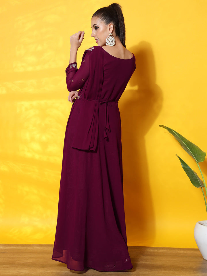 Pre Draped Saree Style Dress with Attached dupatta & Belt