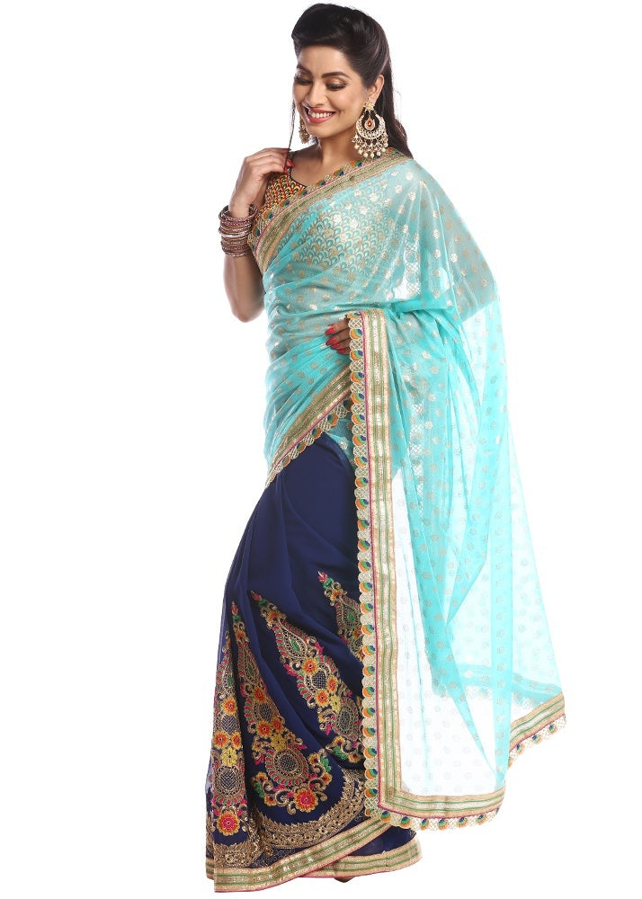 Green & Blue Colored Georgette Embroidered Half & Half Saree