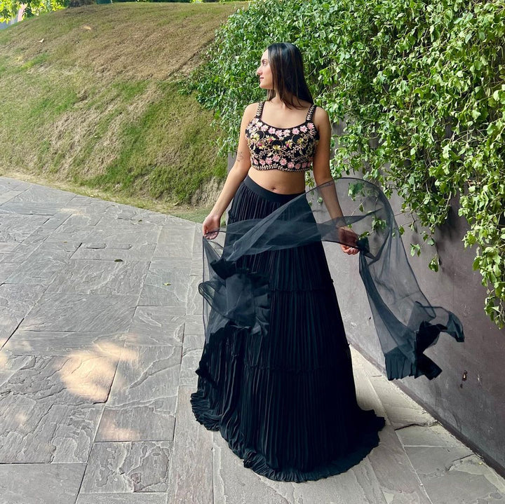 Black Georgette Layered Lehenga Choli Set
