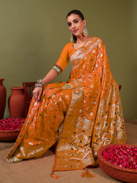 Traditional Banarasi Handloom Gharchola Patola Silk Saree with Gold Meenakari Weaving