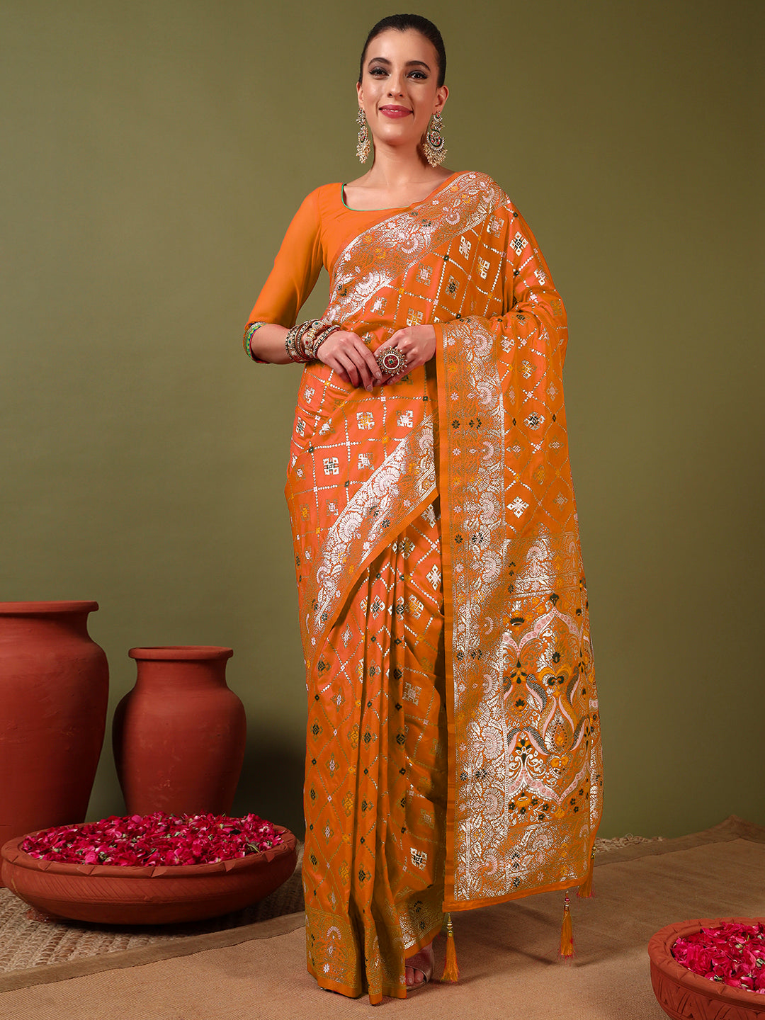 Traditional Banarasi Handloom Gharchola Patola Silk Saree with Gold Meenakari Weaving
