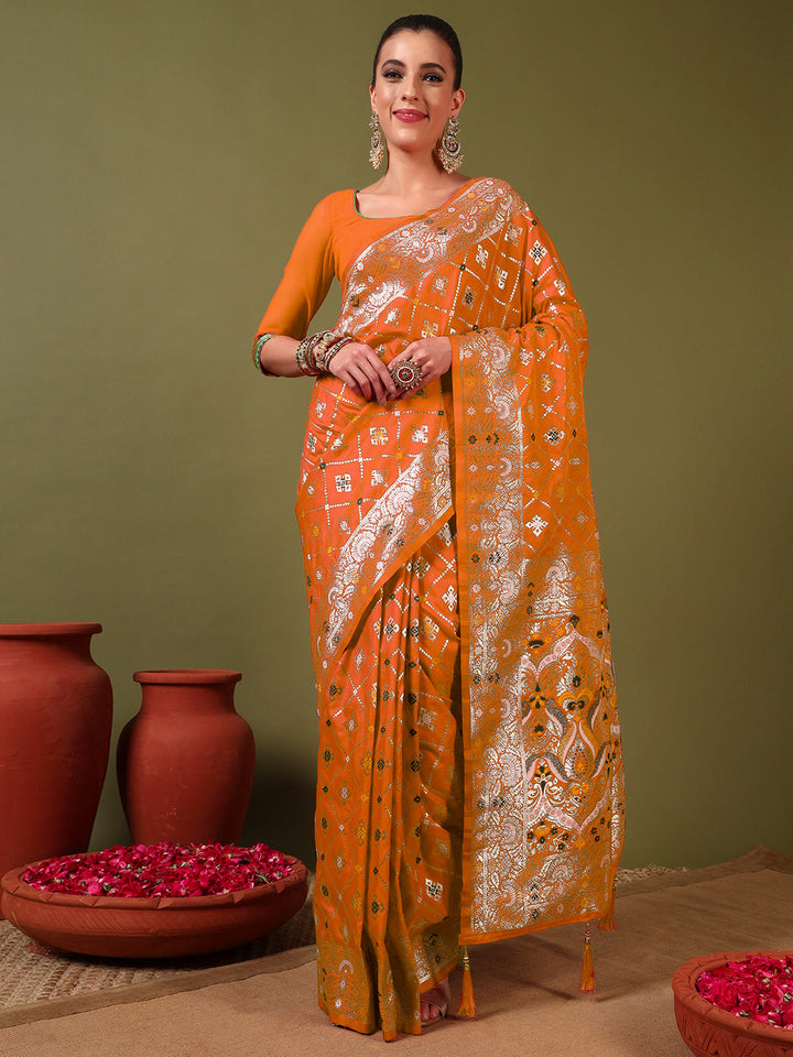 Traditional Banarasi Handloom Gharchola Patola Silk Saree with Gold Meenakari Weaving