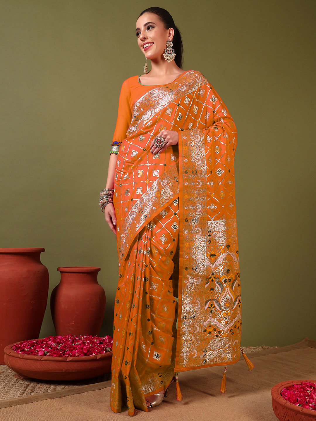 Traditional Banarasi Handloom Gharchola Patola Silk Saree with Gold Meenakari Weaving