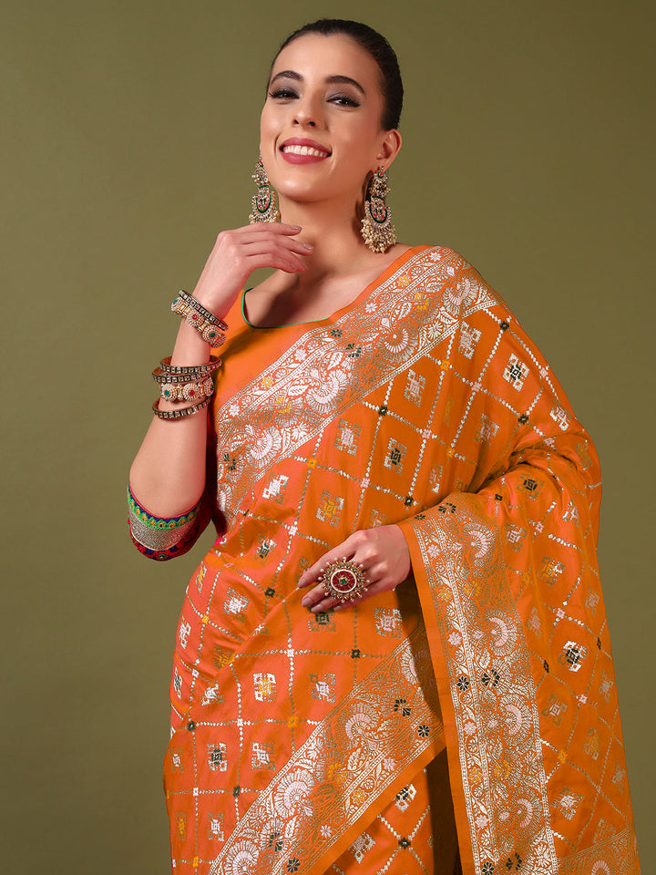 Traditional Banarasi Handloom Gharchola Patola Silk Saree with Gold Meenakari Weaving