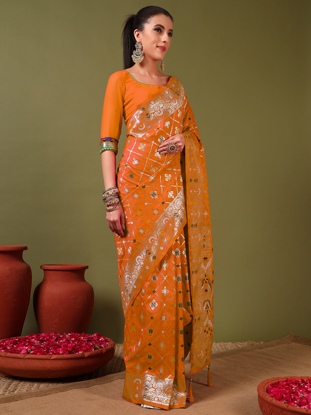 Traditional Banarasi Handloom Gharchola Patola Silk Saree with Gold Meenakari Weaving