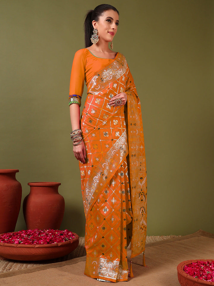 Traditional Banarasi Handloom Gharchola Patola Silk Saree with Gold Meenakari Weaving
