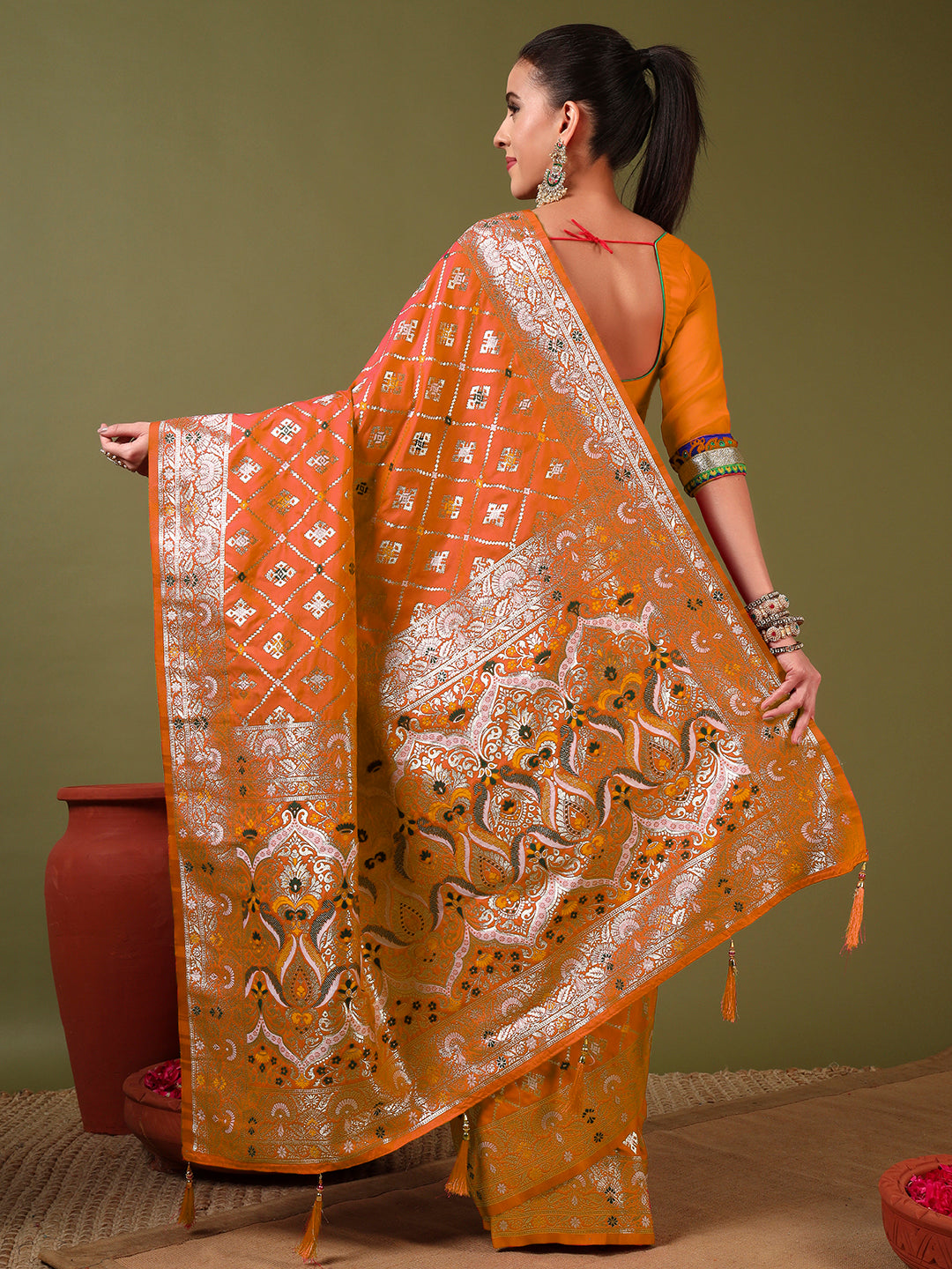 Traditional Banarasi Handloom Gharchola Patola Silk Saree with Gold Meenakari Weaving