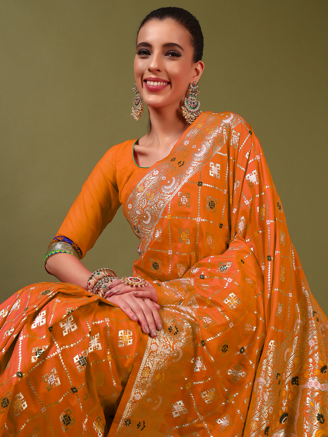 Traditional Banarasi Handloom Gharchola Patola Silk Saree with Gold Meenakari Weaving