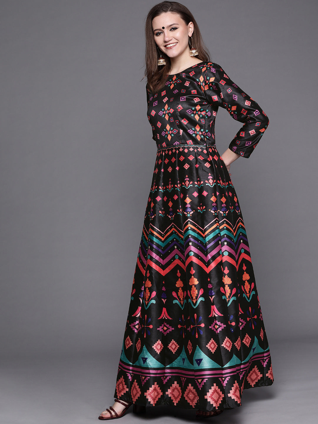 Black Digital Print Anarkali Crystal Embellishment Gown