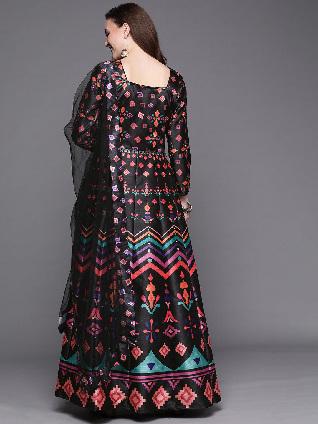 Black Digital Print Anarkali Crystal Embellishment Gown