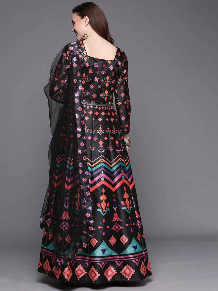 Black Digital Print Anarkali Crystal Embellishment Gown