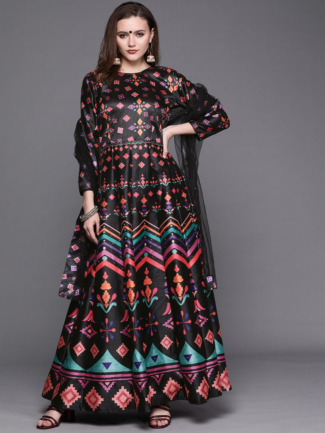 Black Digital Print Anarkali Crystal Embellishment Gown