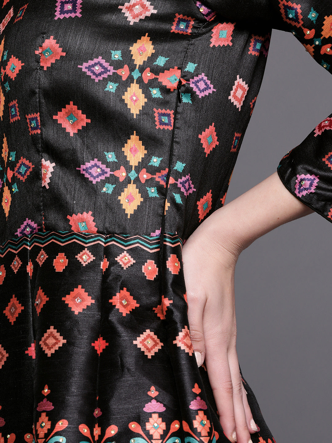 Black Digital Print Anarkali Crystal Embellishment Gown
