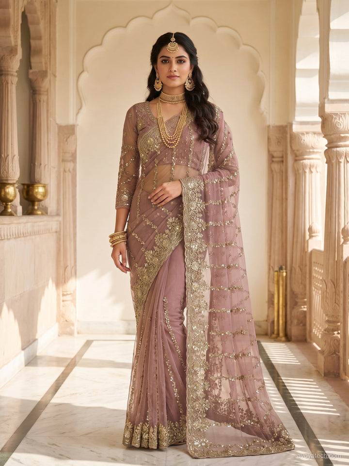 Mauve Pink Sequin Embroidered Net Saree with Scalloped Border and Stitched Half Sleeves Blouse
