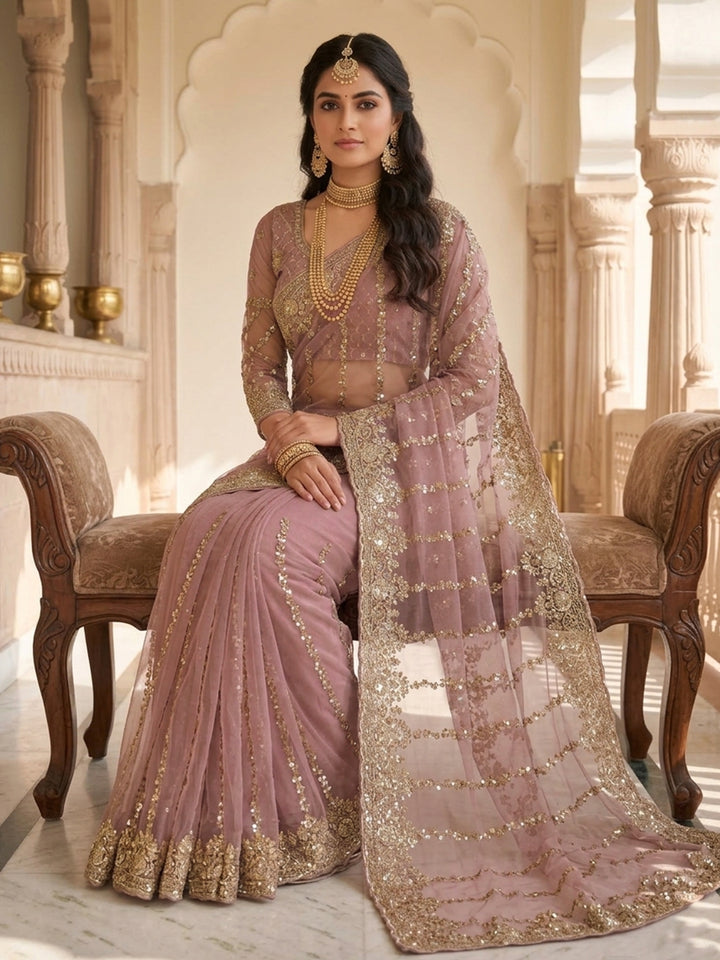Mauve Pink Sequin Embroidered Net Saree with Scalloped Border and Stitched Half Sleeves Blouse