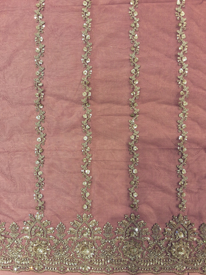 Mauve Pink Sequin Embroidered Net Saree with Scalloped Border and Stitched Half Sleeves Blouse