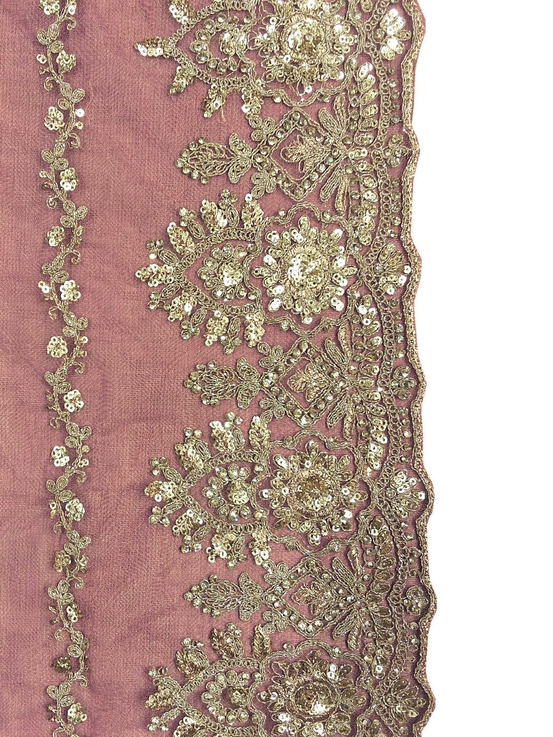 Mauve Pink Sequin Embroidered Net Saree with Scalloped Border and Stitched Half Sleeves Blouse