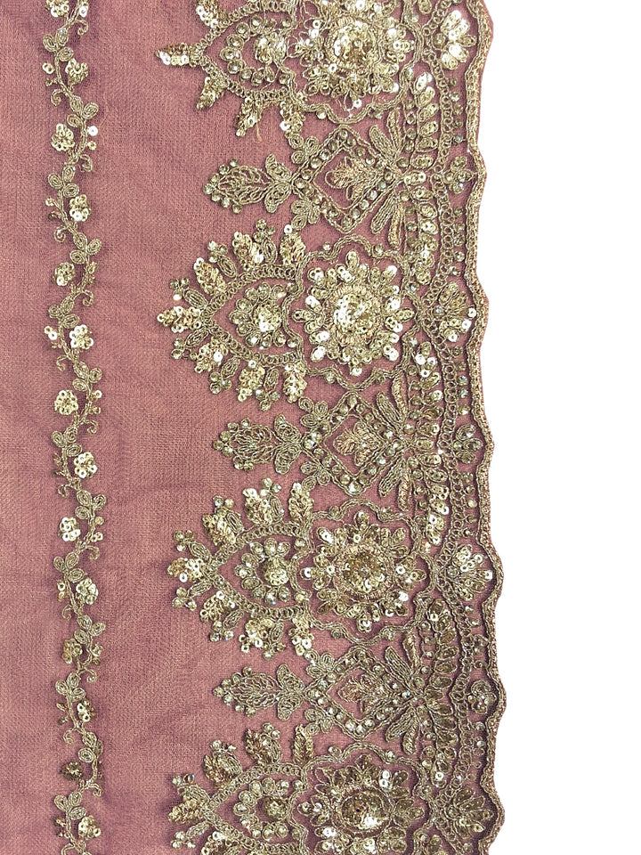 Mauve Pink Sequin Embroidered Net Saree with Scalloped Border and Stitched Half Sleeves Blouse