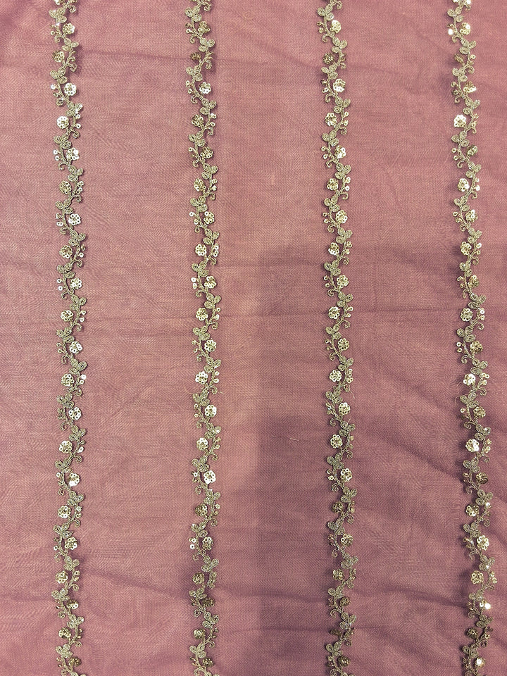 Mauve Pink Sequin Embroidered Net Saree with Scalloped Border and Stitched Half Sleeves Blouse
