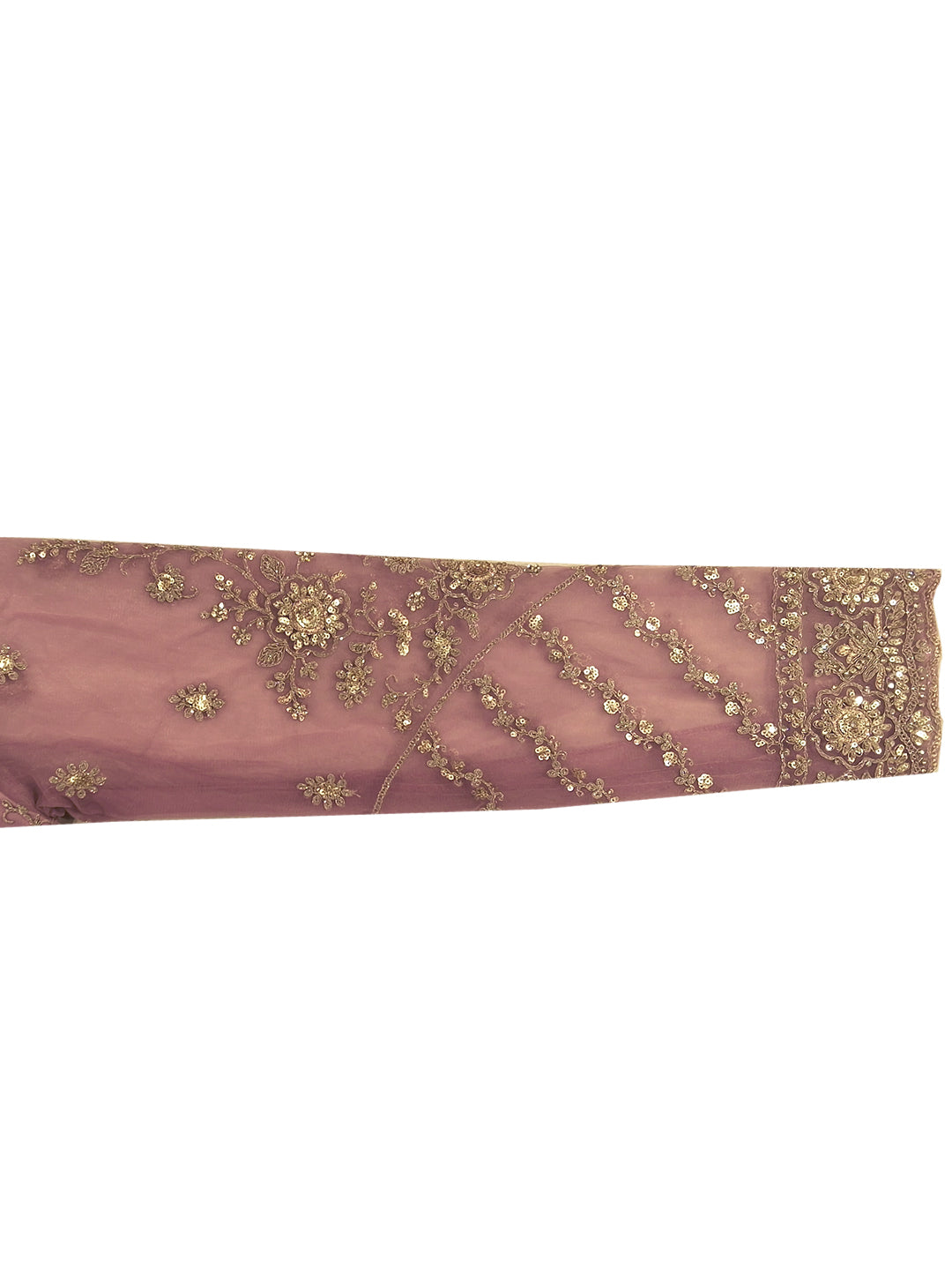 Mauve Pink Sequin Embroidered Net Saree with Scalloped Border and Stitched Half Sleeves Blouse