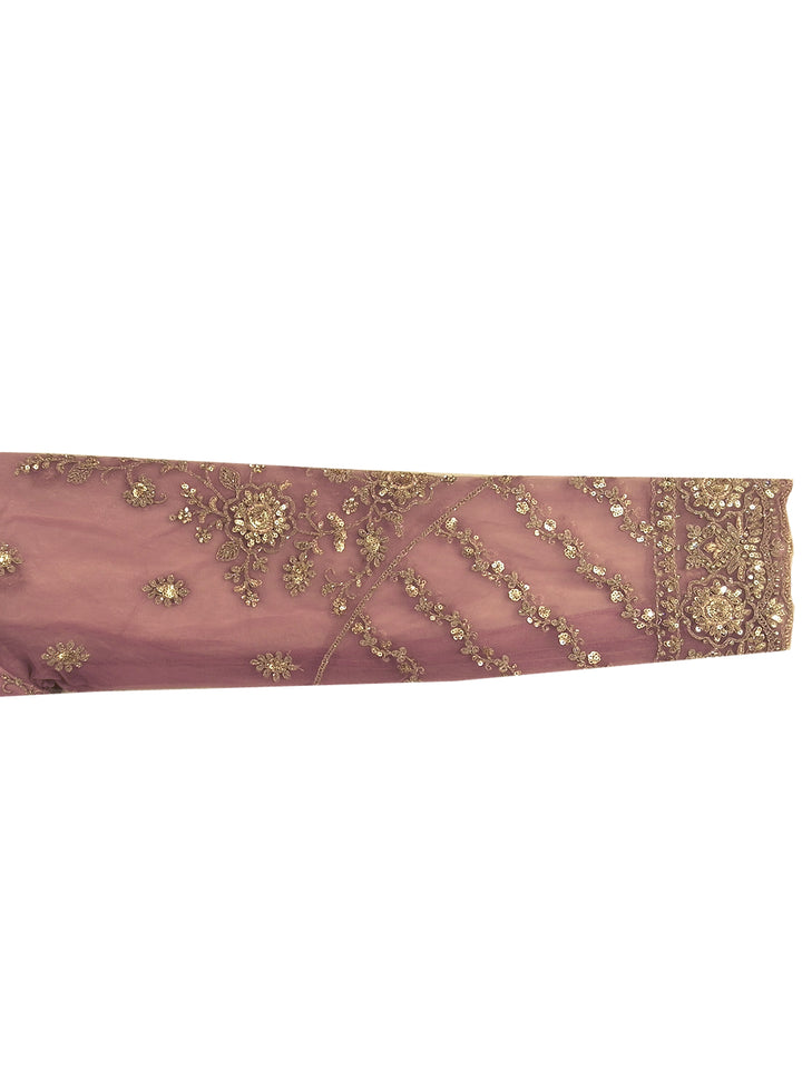 Mauve Pink Sequin Embroidered Net Saree with Scalloped Border and Stitched Half Sleeves Blouse