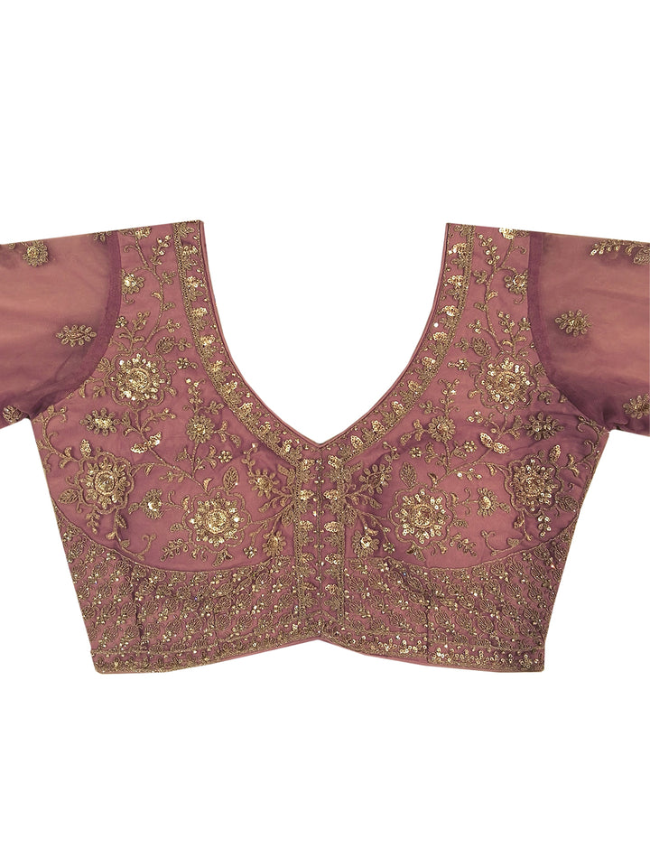 Mauve Pink Sequin Embroidered Net Saree with Scalloped Border and Stitched Half Sleeves Blouse