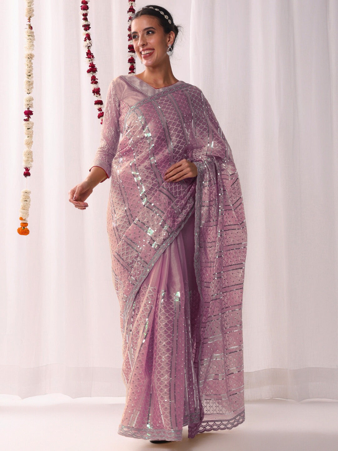 Ombre Resham Embroidered saree with Allover Sequinned Stripes