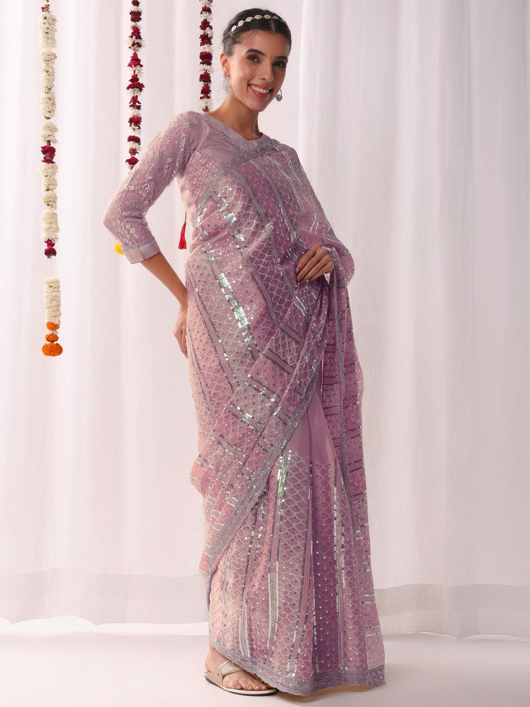 Ombre Resham Embroidered saree with Allover Sequinned Stripes