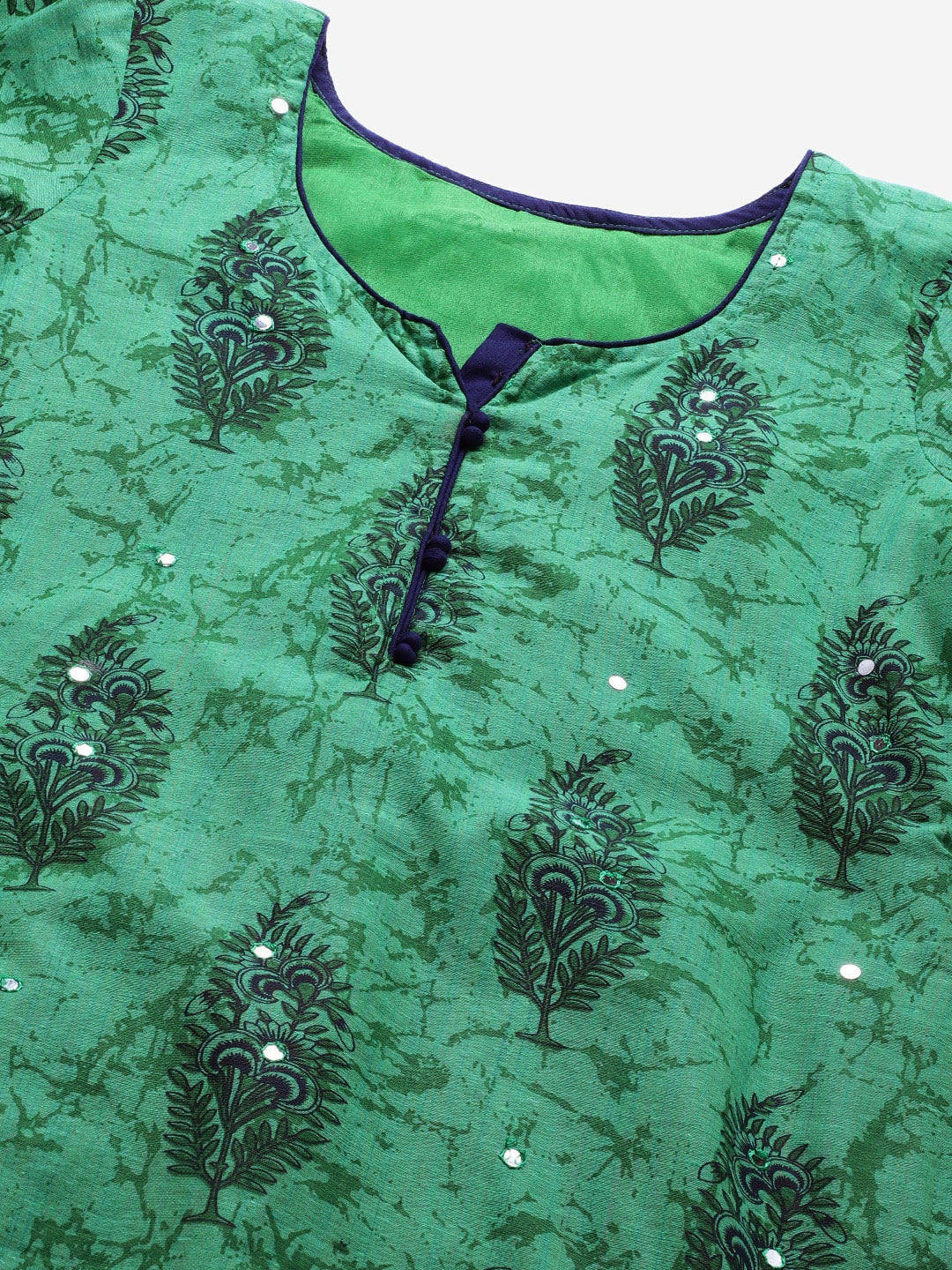 Cotton Block Printed Stitched Kurta Pallazzos Suit With Mirror Embellishments & Trims
