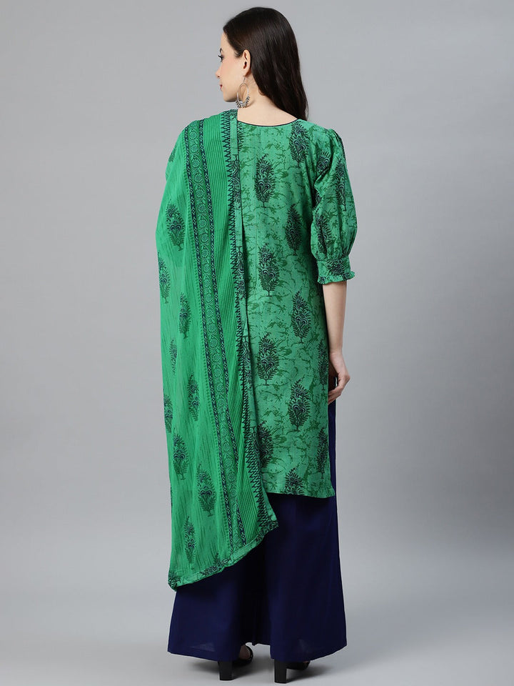 Cotton Block Printed Stitched Kurta Pallazzos Suit With Mirror Embellishments & Trims