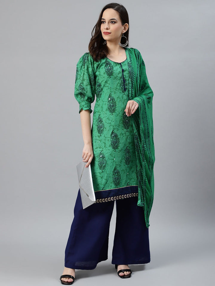 Cotton Block Printed Stitched Kurta Pallazzos Suit With Mirror Embellishments & Trims