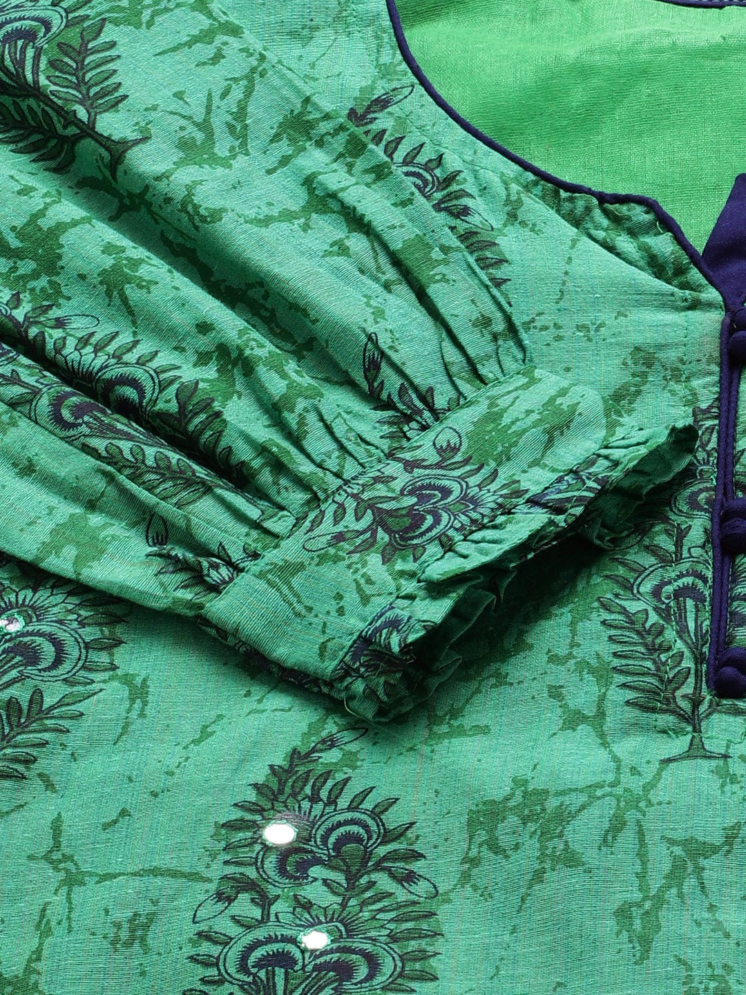 Cotton Block Printed Stitched Kurta Pallazzos Suit With Mirror Embellishments & Trims