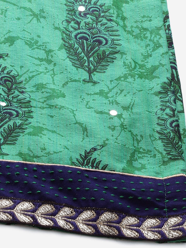 Cotton Block Printed Stitched Kurta Pallazzos Suit With Mirror Embellishments & Trims