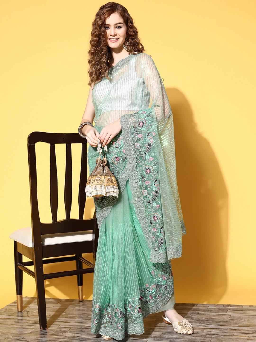 Teal Green Heavy Metallic Sequence Embroidered Fancy Party Wear Saree