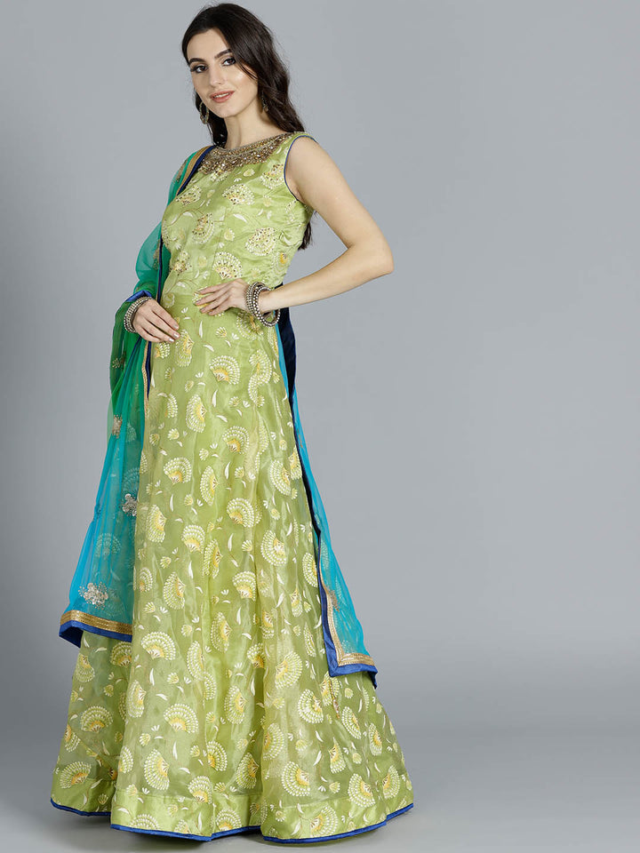 Foil Print Anarkali Suit with Ombre Embroidered Dupatta