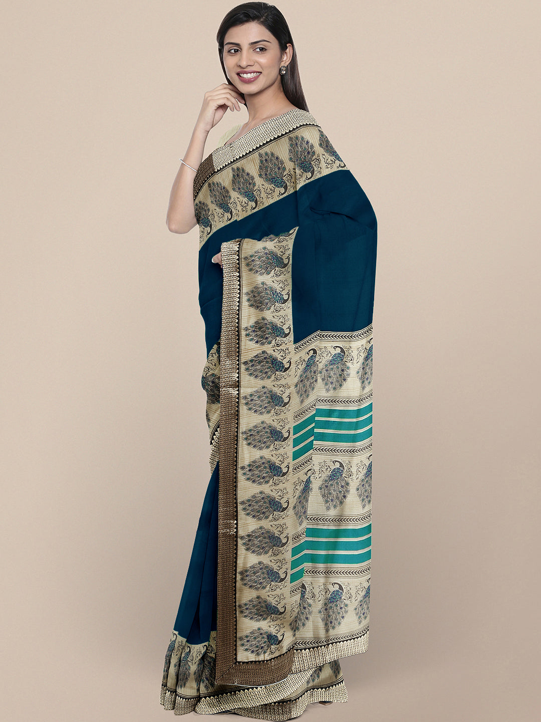Navy Blue Bhagalpuri Printed Peacock motifs Art Silk Saree